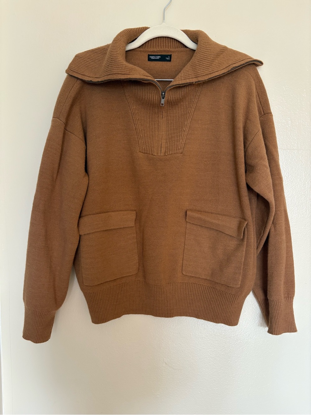 Simply Vera Wang Women’s Zip-Up Cowl Neck Sweater in Camel Brown with Pockets